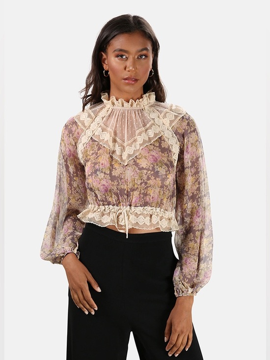 Zimmermann Tops - Zimmermann Lavender Floral Lace-Trim Sheer Blouse